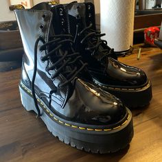 Brand New! Only Worn Once! Black Patent Leather Boots With Lug Sole, Modern Black Boots With Round Toe, Shoes Dr Martens, Goth Boots, Dr Martens Black, Dr Martens Shoes, Martens Shoes, Dr. Martens, Boots Booties