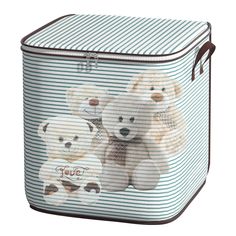 a blue and white striped box with three teddy bears on the front, one is holding a