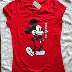 Mickey Mouse Graphic Tee Size Small Red Cartoon Print Top For Summer, Red Cartoon Print Tops For Summer, Fun Red Shirt With Cartoon Print, Fun Red Top With Cartoon Print, Red Cotton Top With Cartoon Print, Red Cotton Mickey Mouse T-shirt, Red Mickey Mouse Cotton T-shirt, Red Short Sleeve Top With Mickey Mouse, Red Cotton T-shirt With Mickey Mouse