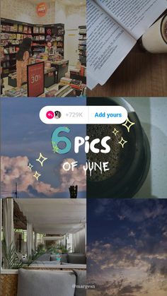 there is a collage of photos with the words 6 pics of june on it