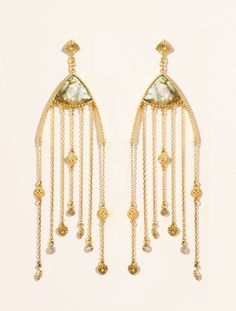 For days when you don't know what to wear, there are the Mina Labradorite earrings: poetic and elaborate, they will gracefully dress up the simplest of outfits. Labradorite Earrings, Brass Earrings, Labradorite, What To Wear, 18k Gold, Dangle Earrings, Gold Plate, Plating, Brass