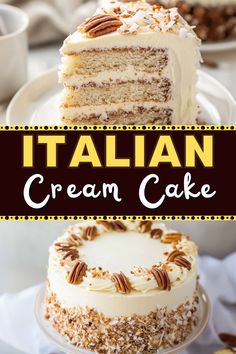 a cake with white frosting and pecans on top that says italian cream cake