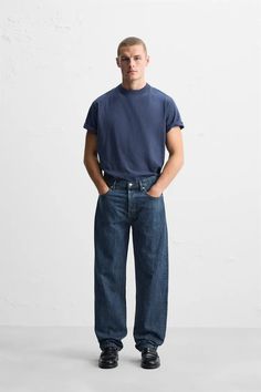 STRAIGHT FIT JEANS - Blue | ZARA United States Wide Jeans Outfit, Mens Straight Leg Jeans, Jeans Outfit Men, Trench Coat Dress, Joggers Shoes, Jean Straight, Cardigan Sweater Dress, Raw Hem Jeans, Anorak Jacket