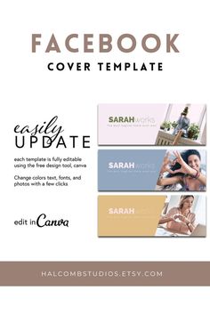 the facebook cover template is shown in three different colors and font, along with an image of