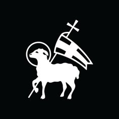 a black and white image of a sheep with a cross