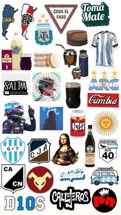 many different stickers are arranged together on a white background, including beer and other items