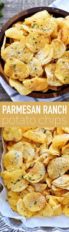 parmesan ranch potato chips in a baking dish and on a platter with text overlay