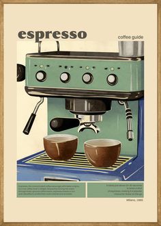 a coffee machine with two cups next to it and the words espresso written in spanish