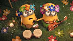 two yellow minion figures with flowers on their heads, one holding a ukulele