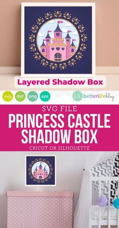 the princess castle shadow box is shown in front of a pink crib and white bed