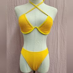 Shein Women's 2pc Strappy Textured Bikini Swimwear New With Out Tags. Size: Small Color: Golden Yellow - 2 Pcs Set - Bikini Underwire Top - High Leg Cheeky Coverage Bottom - Textured Fabric Two-piece Swimwear For Swimming In Summer, Yellow One-piece Swimwear For Pool, Yellow One-piece Summer Tankini, Two-piece Beachwear Swimwear For Swimming, Two-piece Swimwear For Swimming Beachwear, Two-piece Beachwear Swimwear, Yellow Stretch Swimwear For Beachwear, Yellow Sleeveless Swimwear For Beach Season, Yellow One-piece Tankini