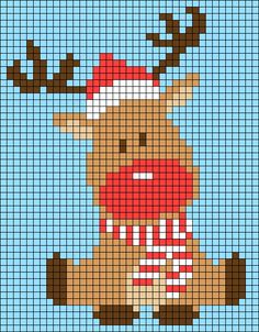 a cross stitch pattern with a reindeer wearing a red scarf and knitted hat, standing in front of a white background