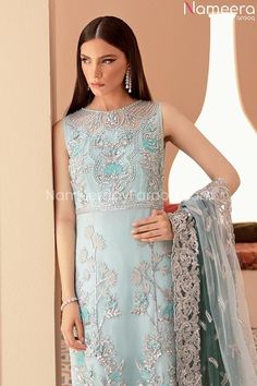 Pakistani Formal Dress Long Dress Pakistani, Pakistani Pishwas, Embroidery Zardozi, Dress Pakistani, Raw Silk Fabric, Sky Blue Color, Wedding Party Dress, Pretty Hands, Net Dupatta