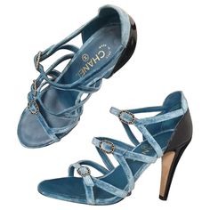 HEEL IS 4" Chained Buckles Velvet Open toe. Adjustable straps. Sz. 38 Very good condition. No box. No dust bag Chanel Blue, Velvet Sandals, Blue Velvet, Open Toe, Clothing And Shoes, Adjustable Straps, Dust Bag, Chanel, Velvet