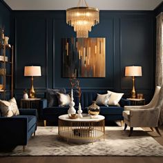 an elegant living room with blue walls and gold accents