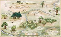 a map with trees and animals in the middle of it, along with words describing where to go