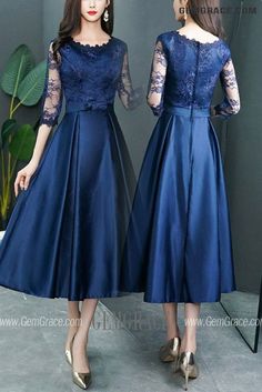 10% off now|Free shipping world-wide. Elegant Navy Blue Satin Party Dress With Sheer Lace Sleeves at GemGrace. Click to learn our pro custom-made service for wedding dress, formal dress. View #WeddingGuestDresses for more ideas. Blue Satin Homecoming Dress, Satin Party Dress, Best Wedding Guest Dresses, Satin Homecoming Dress, Semi Formal Dresses, Online Wedding Dress, Dress Formal, Dress With Lace, Blue Satin