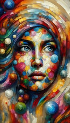 a woman's face painted with colorful circles and dots on the image is shown