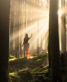 a woman standing in the middle of a forest with sunbeams shining through her