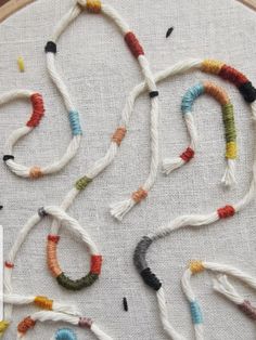 a close up of a cross stitch pattern on a piece of cloth with various colored beads