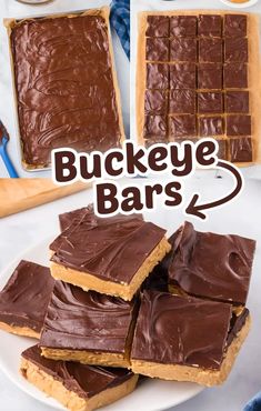 there is a white plate with brownies on it and the words buckeye bars above it