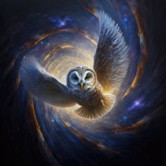 an owl flying through the space with its wings spread out in front of it's head