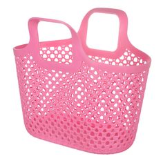 a pink plastic basket with holes on it