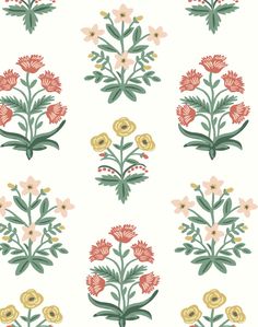 a pattern with flowers and leaves on white background, suitable for wallpaper or fabric