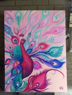 a painting of a colorful peacock with feathers on it's back and pink background