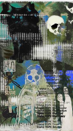 an abstract painting with skulls, bones and other things in blue green black and white