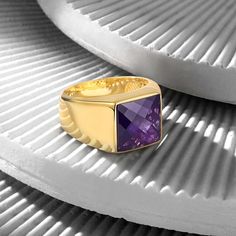 OTTASILVER Classic Handmade Mens 18K Gold Plated Purple Amethyst Zircon Stone Minimalist Engagement Signet Ring Men Silver Jewelry, Mens Valentines Day Gifts, Ring Minimal, Mens Gold Rings, Gold Bond, Minimal Classic, Unique Birthday Gifts, Unisex Ring, Solid Gold Jewelry