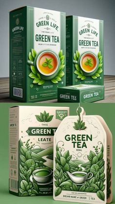 three boxes of green tea with labels on them