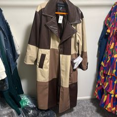 Brand New Coat Never Worn Leather Trench With Belt Beige Retro Patchwork Outerwear, Retro Beige Patchwork Outerwear, Fall Patchwork Leather Jacket, Brown Leather Long Coat For Fall, Retro Leather Outerwear For Fall, Retro Brown Leather Outerwear, Fall Beige Leather Outerwear, Retro Brown Patchwork Outerwear, Retro Brown Outerwear For Work