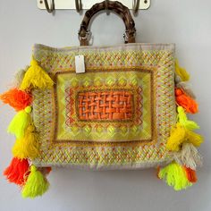 Fabulous Beach Bag New York Nwt Embellished Bag Strap Bohemian Beach Bags For Shopping, Bohemian Style Bags For Beach Season Shopping, Bohemian Summer Shopping Bag, Bohemian Beach Season Shopping Bags, Travel Bags With Tassels For Beach Season, Embroidered Double Handle Vacation Bags, Multicolor Shoulder Bag For Shopping On Vacation, Summer Beach Bag With Tassels For Shopping, Summer Tote Bag With Tassels