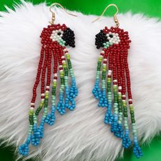 Red Parrot Seed Bead Boho Dangle Earrings Tribal Native Jewelry Western Beaded Add Western Flair To Any Outfit With These Fun Lightweight Beaded Fringe Earrings! Handmade, Hand Woven. Great For All Occasions. Adorable Colorful Long Ear Rings Suitable For Teens Or Adults, Whimsical, Cute This Is A Boutique Item. Brand New. Never Worn. New In Package. Nwt Nip Bnwt Perfect Condition. Giftable. Gift Item. Great Birthday Or Christmas Theme: Native, Tribal, Western, Cowgirl, Country Music Festival, Bo Beaded Earrings Native Patterns, Beaded Turtle Earrings, Gen Z Party, Vintage Vibes Retro, Design Seed, Beaded Fish, Retro Kawaii, Red Parrot, Scarlet Macaw