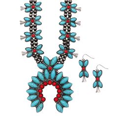 PRICES MAY VARY. Bring some bold, dynamic style to your accessory collection! No western style wardrobe would be complete without at least one statement piece of turquoise jewelry! Natural howlite stones and detailed engravings on the squash blossoms give this set an artisan touch. The squash blossom is inspired by Navajo symbolism, spiritual in nature, the crescent moon (naja) was said to ward off bad spirits and is a prototypical symbol of most notably the Navajo tribe. Necklace length 24-27 i Bad Spirits, Timeless Watches, Howlite Stone, Squash Blossom, Chest Piece, Women's Jewelry Sets, Squash Blossom Necklace, Western Chic, Eco Friendly Gifts