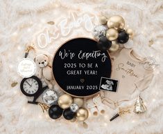 a black and gold new year's eve card surrounded by balloons, toys, and other items