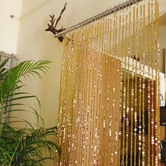 gold beaded curtain hanging from the ceiling next to a potted plant in front of a mirror