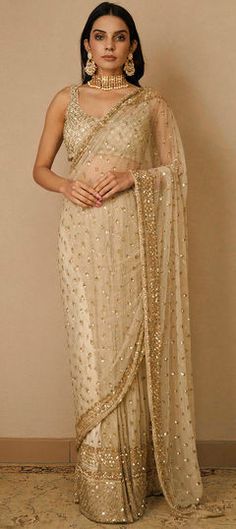 Gold color Saree in Net fabric with Sequence work Lehenga Sari, Off White Saree, Sari Lehenga, Engagement Saree, Sabyasachi Sarees, Reception Saree, Sequence Saree, Sequin Saree, Bridesmaid Saree