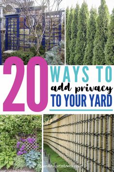 several different pictures with the words 20 ways to add privacy to your yard in pink and blue