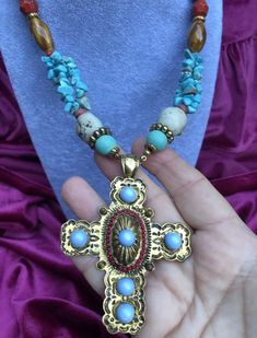 This is a costume jewelry necklace with dyed howlite stones and fancy metal work.  This necklace is very long and in perfect condition  Huge Southwest Cross Necklace Layered Cross Necklace, Howlite Stone, Costume Jewelry Necklaces, Metal Work, Jewelry Necklace, Costume Jewelry, Metal Working, Charm Necklace, Cross Necklace