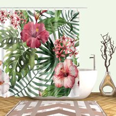 exotic-flowers-shower-curtain Cactus Shower Curtain, Plastic Curtains, Flower Shower Curtain, Black Painting, Bath Tubs, Quality Curtains, Flower Shower, Pattern Shower Curtain, Curtain Bathroom