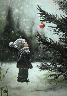 a painting of a person standing in the snow looking up at a red ornament