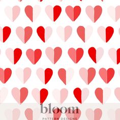 a large group of red hearts on a white background with the words bloom written below