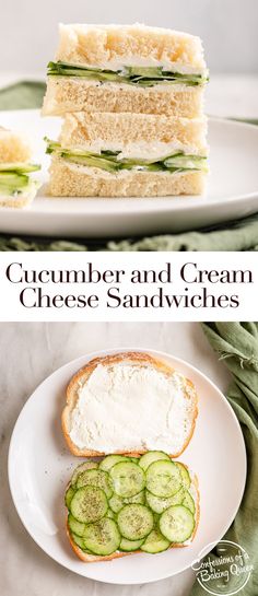 cucumber and cream cheese sandwiches on a white plate with text overlay that reads cucumber and cream cheese sandwiches