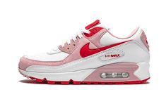 The Women’s Nike Air Max 90 “Valentine’s Day 2021” is a heart-warming women’s exclusive colorway of the legendary retro runner.  Nike released the “Valentine’s Day 2021” Air Max 90 in 2021 alongside an equally charming Air Force 1 to celebrate the annual lover’s holiday.  Tulip Pink suede panels are overlaid on top of a lightweight white mesh base.  A scarlet red leather Swoosh can be found on either side and red “Nike Air” branding appears on the link overlay on the back of the shoe.  The Valentine’s Day theme is furthered by the outer eyelet holes being redesigned into the shape of a heart.  Moreover, a button design on the tongue reveals “ME + AM90 = TRUE LOVE. ” Red “Air Max” text appears within a branding window on the lateral side of the heel and a pink border surrounds the visible A Red Air Max, Cute Nike Shoes, Cute Nike, Red Baby, Cute Nikes, Red Nike, Heart Warming, Stadium Goods, All About Shoes