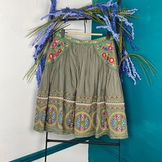 Hazel Anthropologie Boho Colorful Embroidered Skirt A Fun Full Peasant Skirt With Intricate Embroidered Detail 100% Cotton, Fully Lined Size Small Festive Green Embroidered Bottoms, Festive Flared Skirt For Summer, Relaxed Cotton Skirt With Embroidery, Cotton Embroidered Skirt With Relaxed Fit, Flowy Full Skirt With Embroidery, Flowy Full Embroidered Skirt, Flowy Skirt For Festive Summer Events, Relaxed Embroidered Flared Skirt, Flowy Cotton Skirt With Floral Embroidery