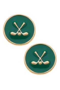 two green and gold buttons with crossed golf clubs