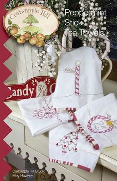 cross - stitch patterns for kitchen towels, tea towels and other items from the cranberry hill peppermint stick tea towel collection