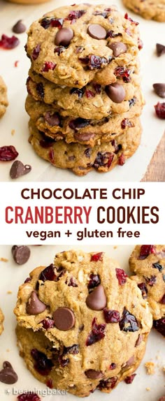 chocolate chip cranberry cookies are stacked on top of each other, with the words vegan and gluten free